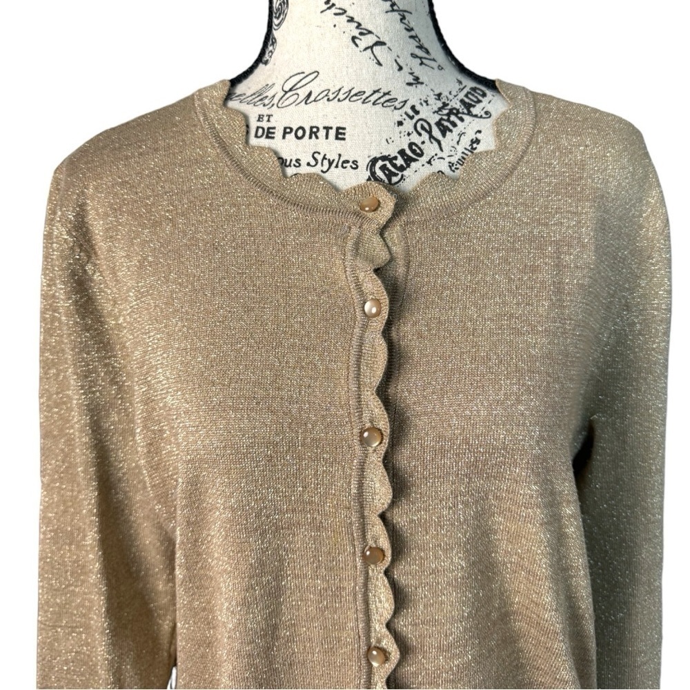 Women’s Cable and Gauge Gold Metallic Scalloped Edge Cardigan Sweater Size Large - Picture 2 of 9